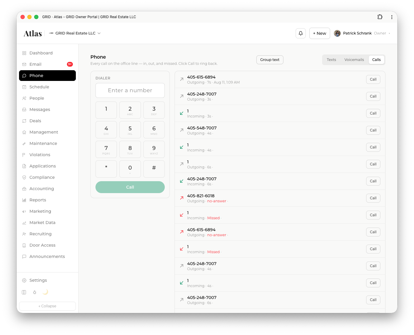The Atlas softphone dialer, logging a call to the right contact