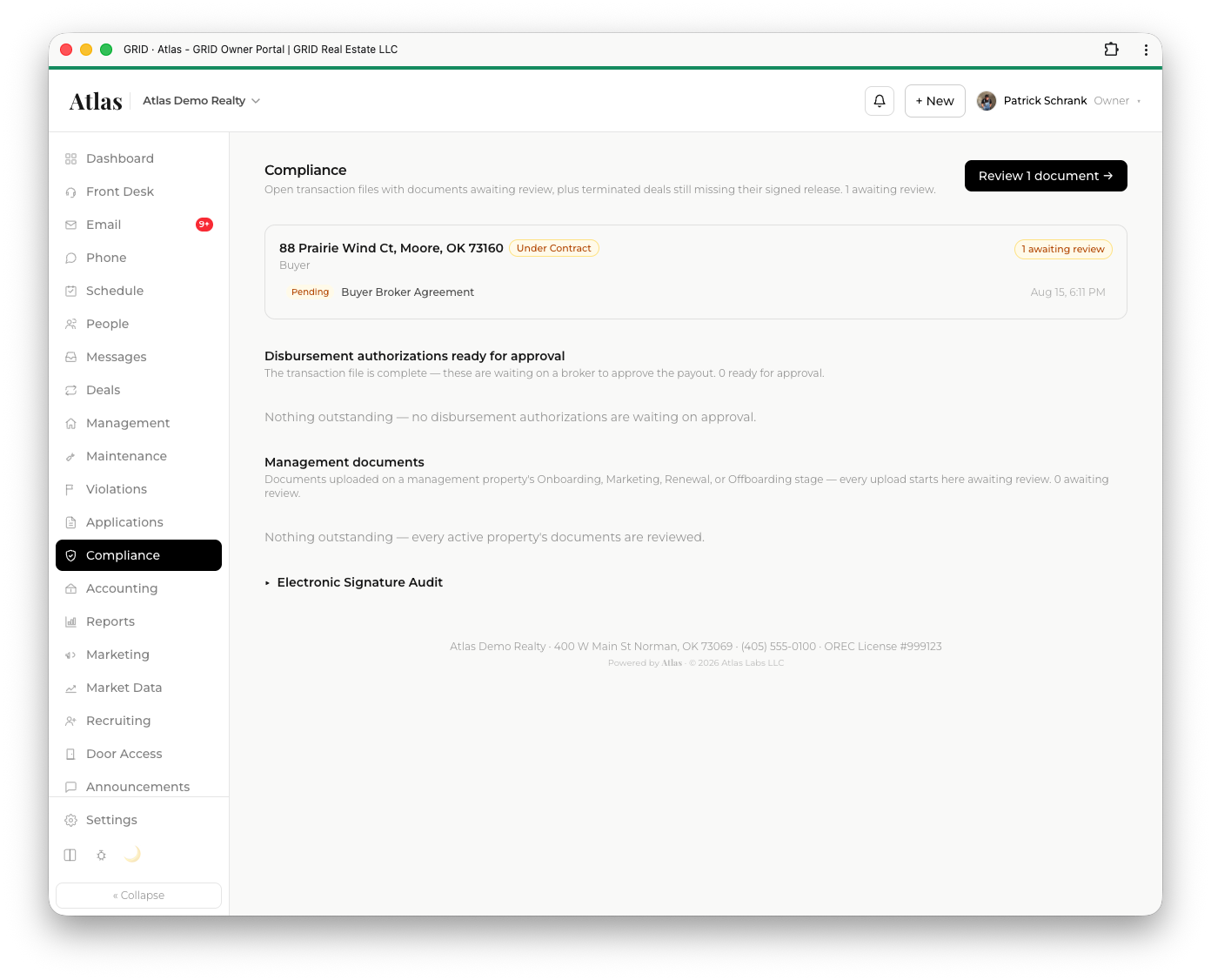 The Atlas compliance queue — documents to review, disbursements to approve, e-sign audit