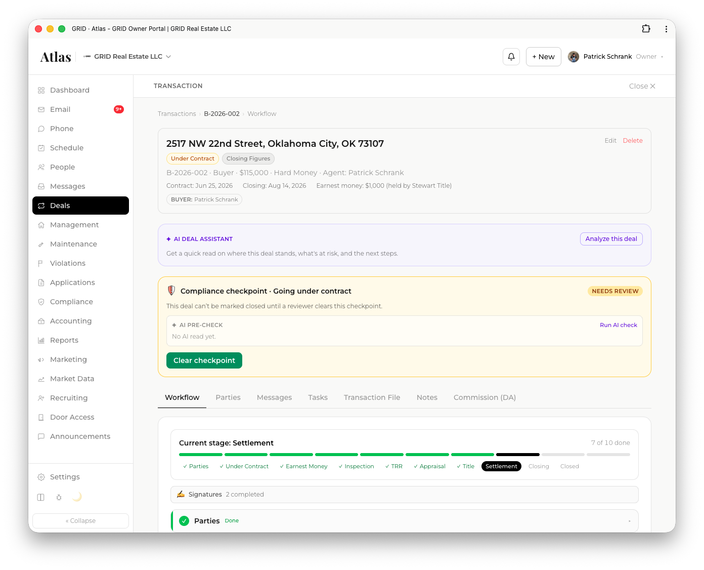 A transaction in Atlas with its workflow, documents, parties, and tasks