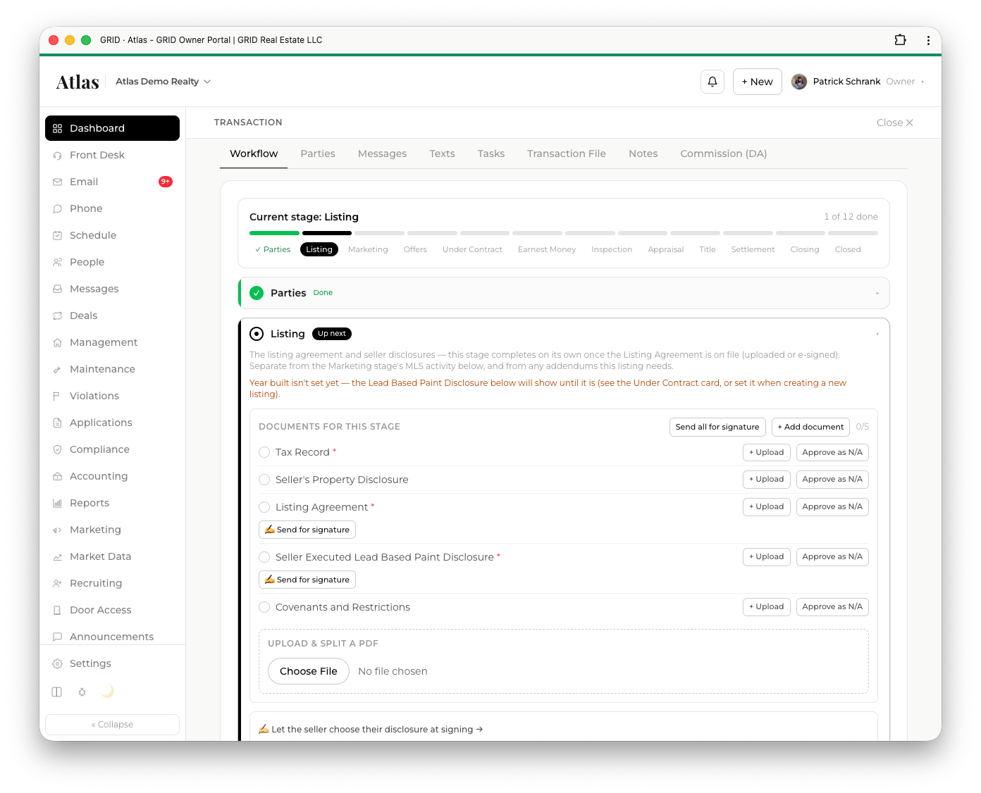 An Atlas transaction's document checklist by workflow stage with send-for-signature