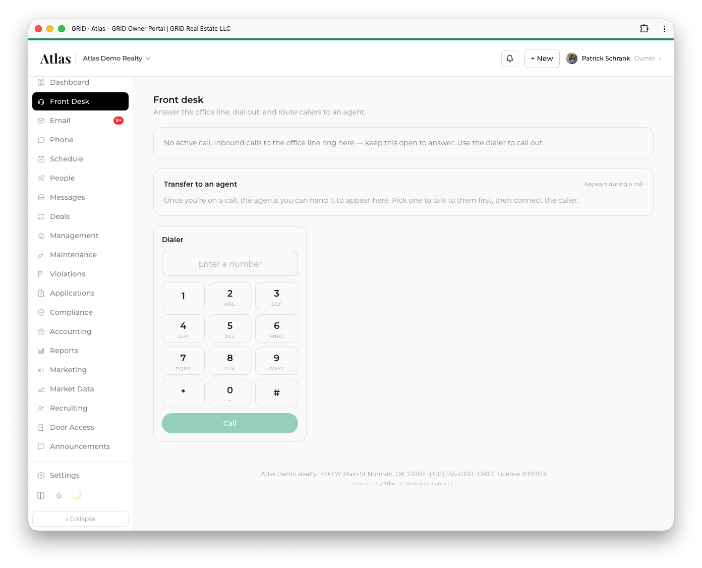 The Atlas front-desk console — dialer and warm transfer to an agent