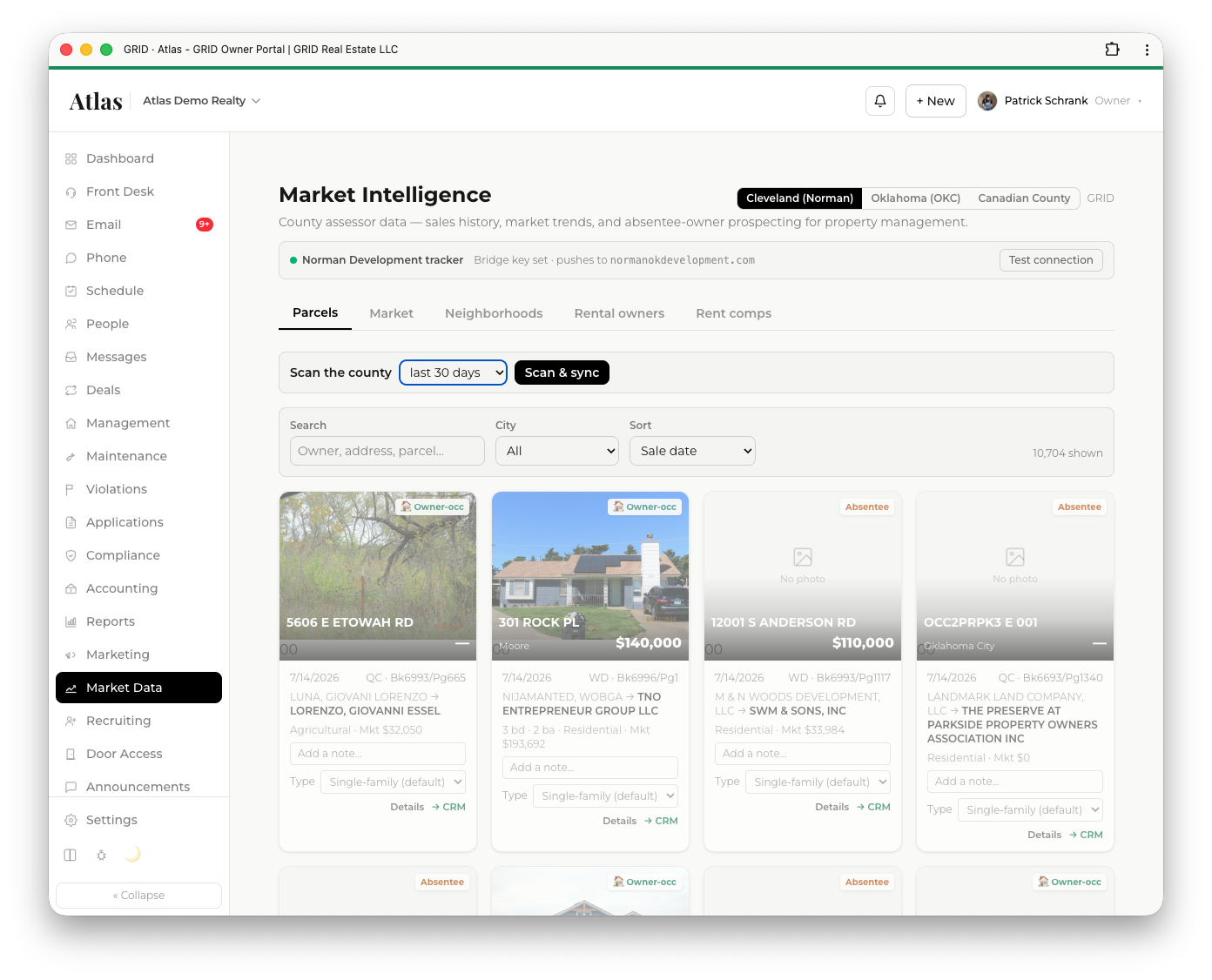 Atlas market intelligence — county parcels, sales, and absentee owners