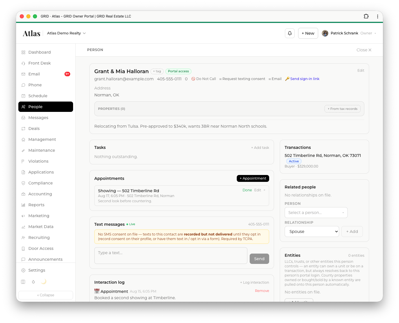 An Atlas contact record with calls, texts, appointments, and interaction history