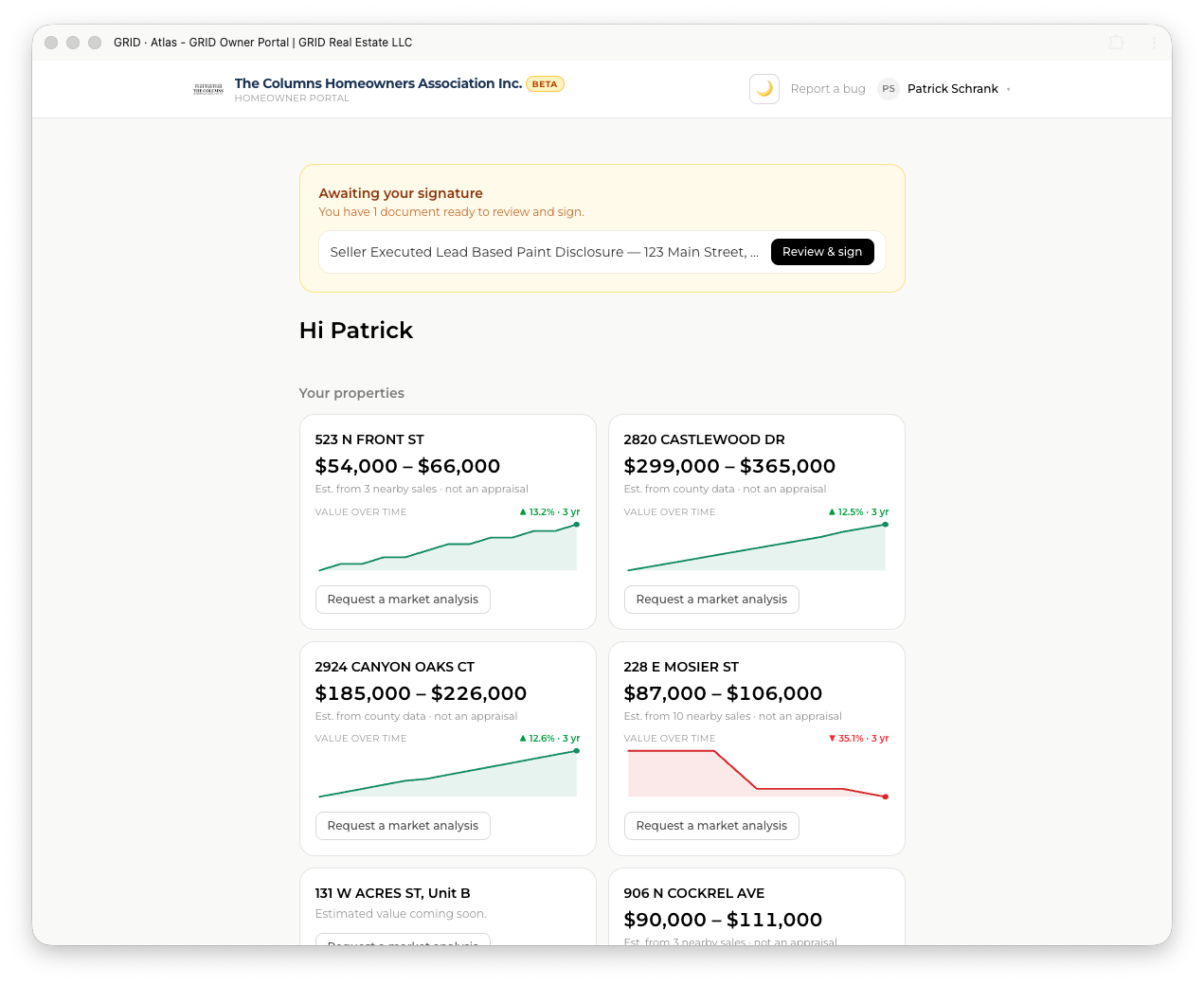 The Atlas client and owner portal, branded, showing a deal's status and documents